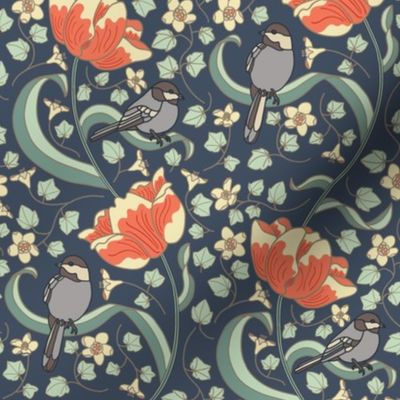 Chickadees and Tulips - Navy  