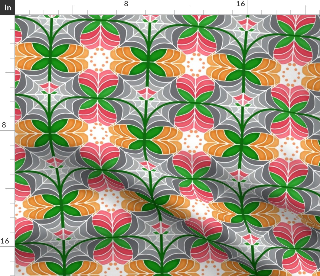 Garden Wall of Living Beauty -Tulip Art Orange Peach Green Grey Pinks Modern  Wallpaper Web   