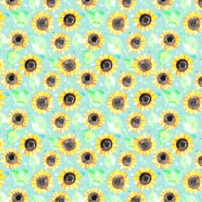 Cheerful Watercolor Sunflowers on Soft Teal - Tiny