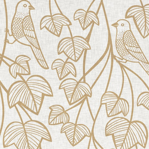 Birds and Vines- Finches and Ivy on Linen Large- Golden Yellow- Greige- Taupe- Beige- Natural Neutral Earth Tones Wallpaper