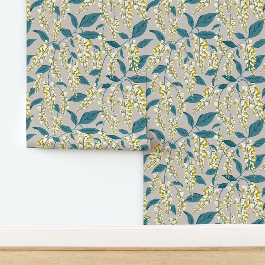 Wisteria Vines - Beige Teal Large Scale