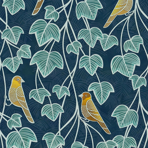 Birds and Vines- Finches and Ivy- Blue, Green and Yellow- Large