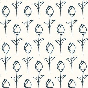 spring flowers - simple linocut floral blue on cream - LAD20
