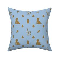 Baby Luxury Iconic Monogram Pattern on Classic Blue with Tan Motifs