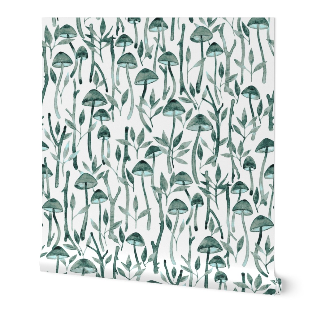 Whimsical Mushroom Forest - teal and mint green on white