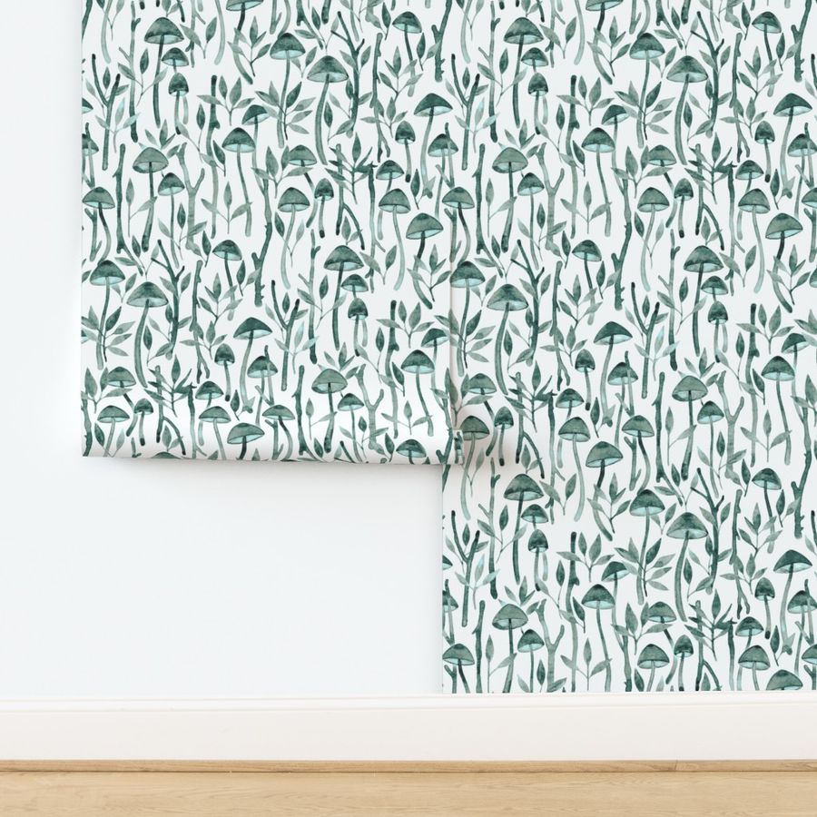 Whimsical Mushroom Forest - teal and mint green on white