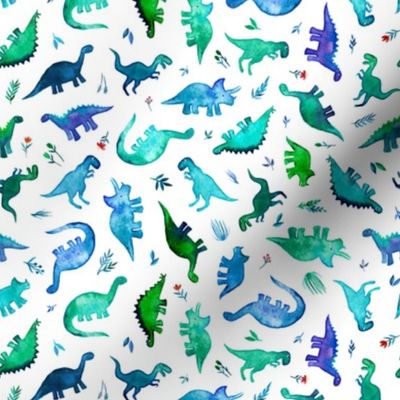Tiny Tossed Blue Green Ditsy Dinos on White