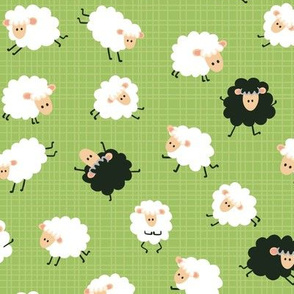 Cute fluffy sheep, white and black, striped, green