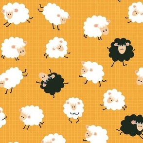 Cute fluffy sheep, white and black, stripe, yellow orange
