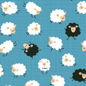 Cute fluffy sheep, white and black, striped, blue