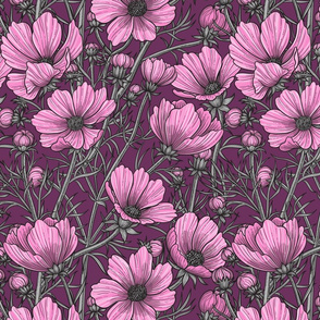 Pink cosmos flowers on dark violet 