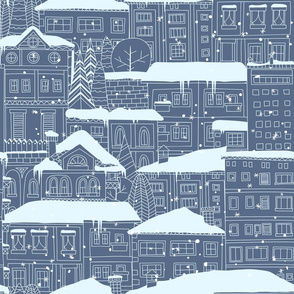 Doodle town in winter, lineart