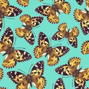 Painted lady butterfly pattern on turquoise 