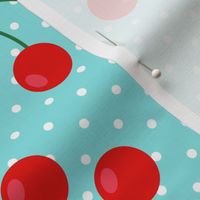 Mid-century retro red cherries rockabilly polka dots teal