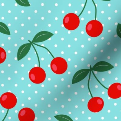 Mid-century retro red cherries rockabilly polka dots teal