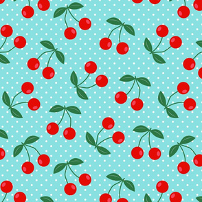 Mid-century retro red cherries rockabilly polka dots teal