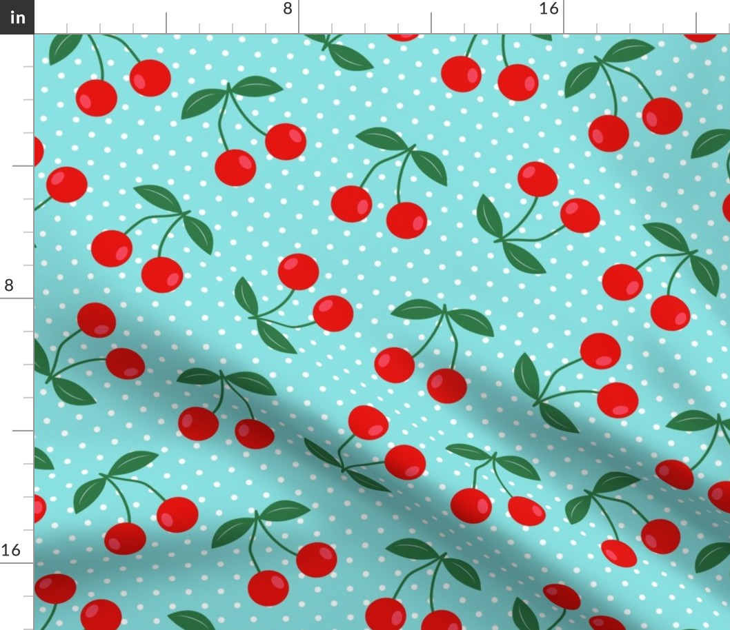 Mid-century retro red cherries rockabilly polka dots teal