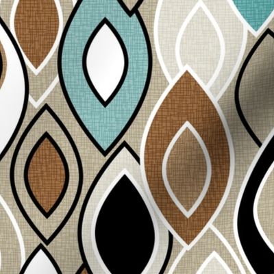 Mid Century Leaves // Carribean Blue, Ocean Blue, Khaki Tan, Brown, Black and White // Large Scale - 300 DPI