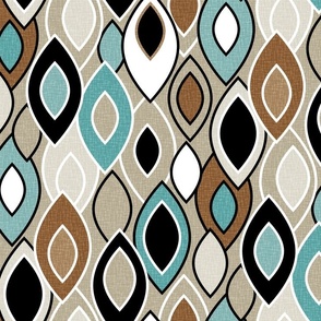 Mid Century Leaves // Carribean Blue, Ocean Blue, Khaki Tan, Brown, Black and White // Large Scale - 300 DPI