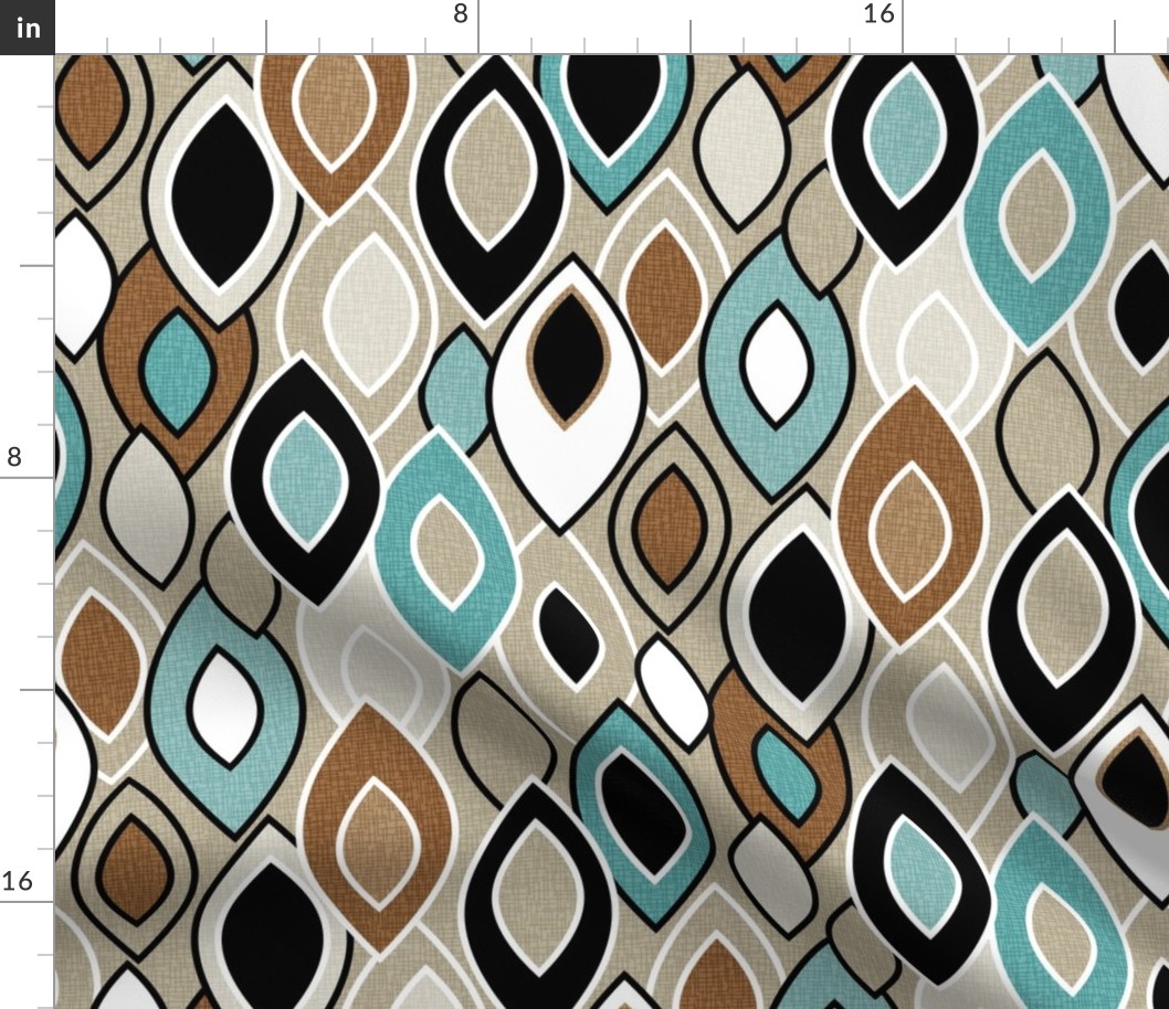 Mid Century Leaves // Carribean Blue, Ocean Blue, Khaki Tan, Brown, Black and White // Large Scale - 300 DPI