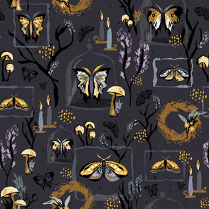 Inky Gothic Halloween Moths // Creepy Candles, Insects, Butterflies, Mushrooms, Botanicals, Branches, Fall, Wings, Garden, Black, Gray, Glass, Cloche, Bell, Jars, Textured // © ZirkusDesign