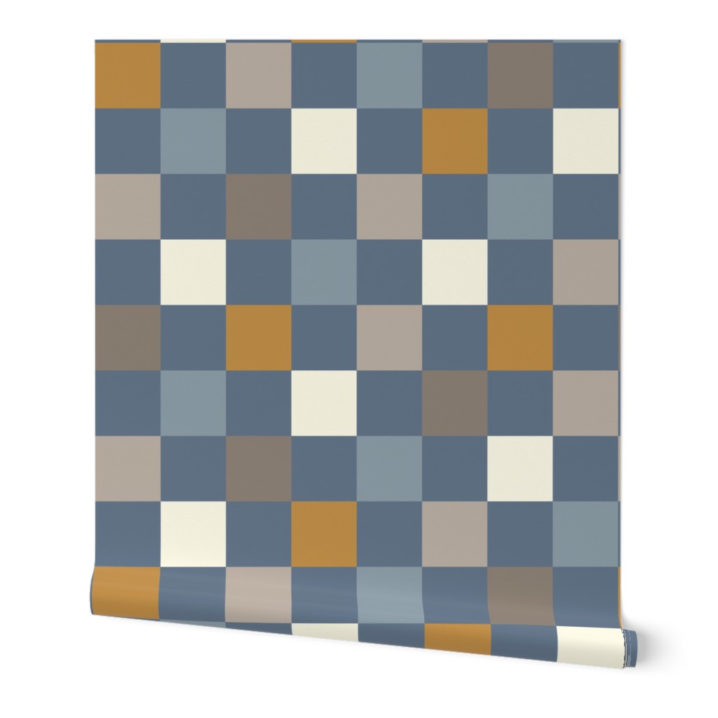 Retro neutral check dusted blue mustard cream