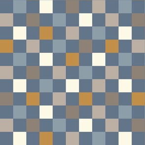 Retro neutral check dusted blue mustard cream