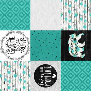 MomLife//Turquoise//Chocolate - Wholecloth Cheater Quilt - Rotated