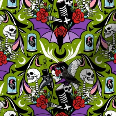 Goth Girl with Death Mask, Skeletons and Bats | Bright Green, Purple, and Black
