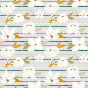 soft and subtle white & mustard florals on thin teal stripes 