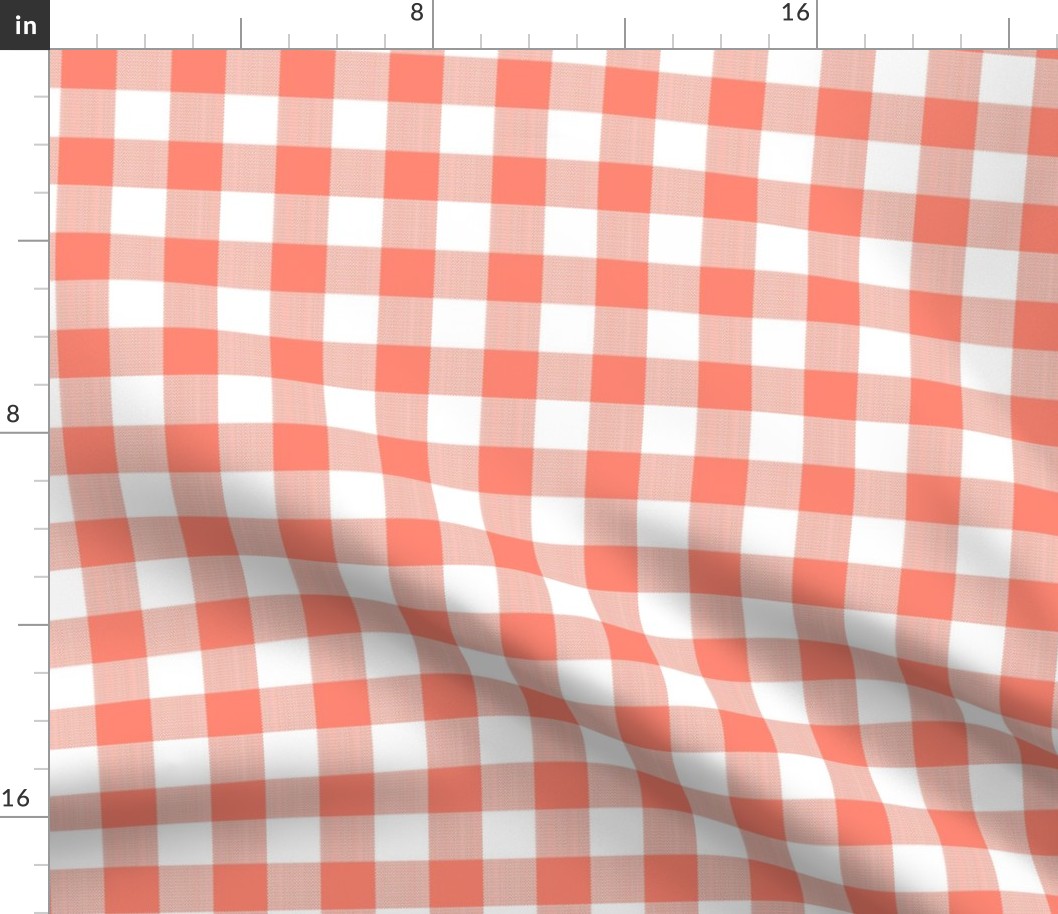 1" Woven Buffalo Check - White and Coral Pink (buffalo plaid, pink and white plaid, buffalo check, faux woven texture, summer plaid, summer, coral, flamingo, salmon, peach pink, one inch scale)