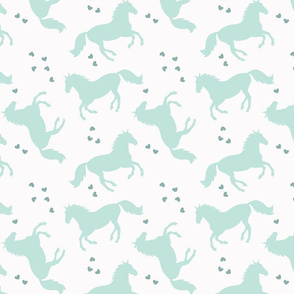 I ❤ HORSES - turquoise horses and teal hearts on white background