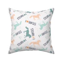 I ❤ HORSES - phrases and horses in apricot, orange, turqoise, teal and blue on white ground
