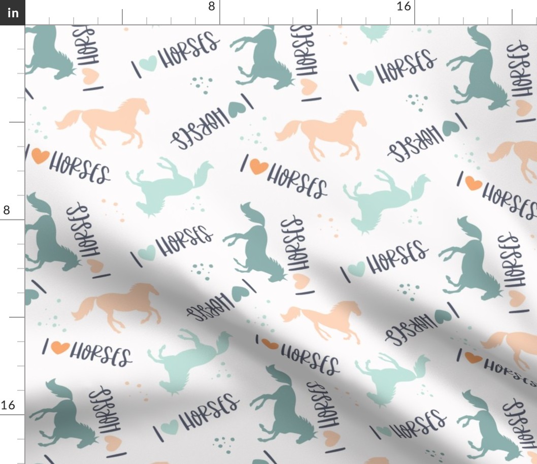 I ❤ HORSES - phrases and horses in apricot, orange, turqoise, teal and blue on white ground