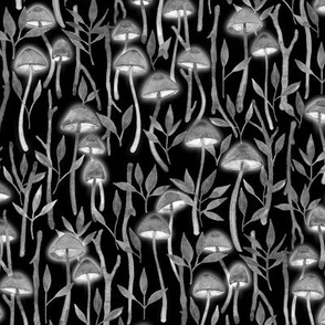 Whimsical Mushroom Forest - glowing grey on black 