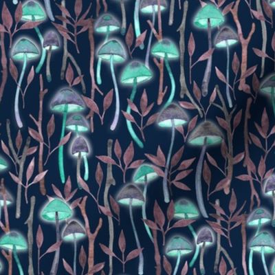 Whimsical Mushroom Forest - glowing green with grey and rust red
