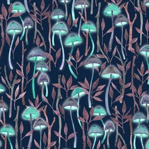 Whimsical Mushroom Forest - glowing green with grey and rust red