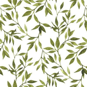 Simple Watercolor Leaves - natural green on white 