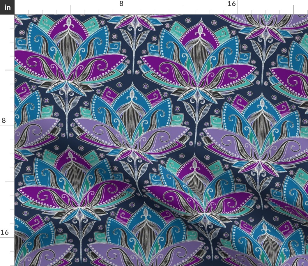 Art Deco Lotus Rising in Midnight Purples