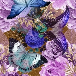 Purple Roses and butterflies on dark gold