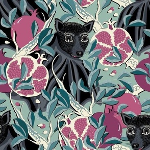 Bat with burgundy pomegranates in the leaves on green gray background