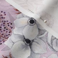 White Poppies on light purple watercolor floral and foliage