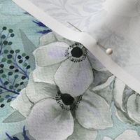 White Poppies on blue watercolor floral with foliage