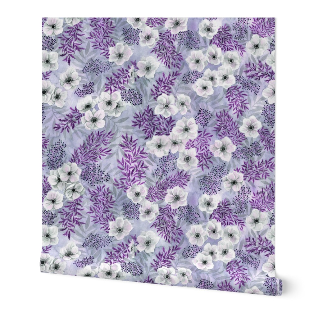 White Poppies on purple watercolor floral and foliage