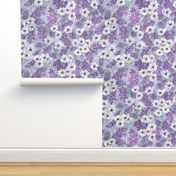 White Poppies on purple watercolor floral and foliage