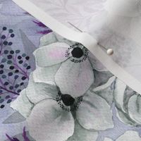 White Poppies on purple watercolor floral and foliage