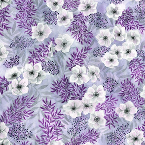 White Poppies on purple watercolor floral and foliage