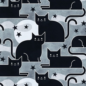 Black Cats Big- Halloween Night Cat- Black- White- Gray- Grey- Neutral- Moon- Stars