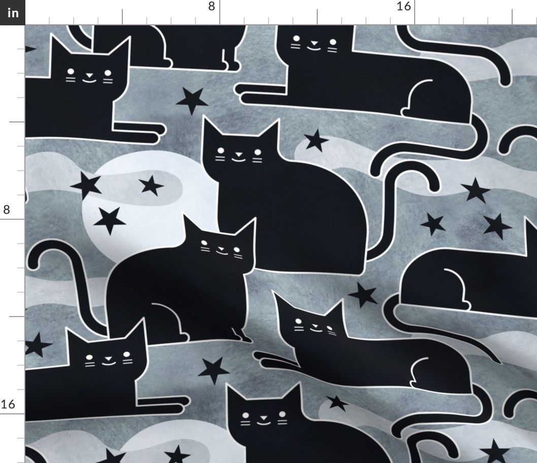 Black Cats Big- Halloween Night Cat- Black- White- Gray- Grey- Neutral- Moon- Stars
