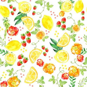 Strawberry Lemonade Summer Red Yellow Orange Floral Watercolor Lemons Strawberries